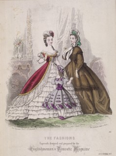 Two women and a little girl model the latest fashions, 1863. Artist: Anon