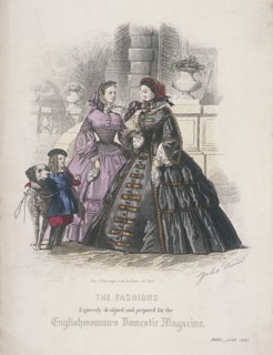 Two women and a child with a dog wearing the latest fashions, 1860. Artist: Anon