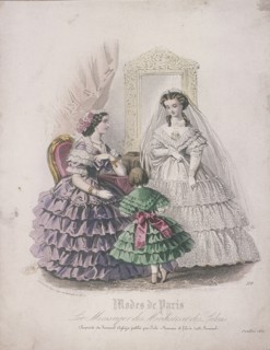 Two women and a child wearing the latest fashions, 1860. Artist: Anon