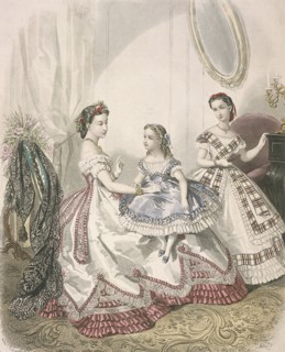 Two women and a small girl wearing the latest indoor fashions, c1860. Artist: Millia Lacouriere