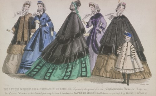 Five women and a child wearing the latest autumn and winter fashions, 1864. Artist: Anon