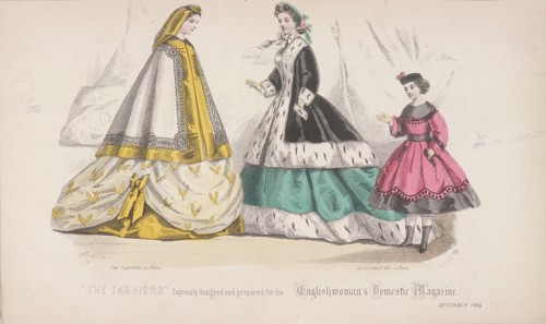 Two women and a child wearing the latest fashions, 1864. Artist: Anon