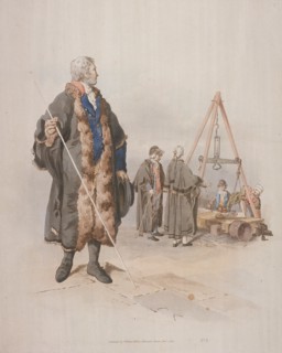 Ward Beadle in civic costume, holding a staff, at a Wardmote Inquest, 1805. Artist: William Henry Pyne
