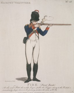 Hackney Volunteer firing a rifle, 1798. Artist: Anon