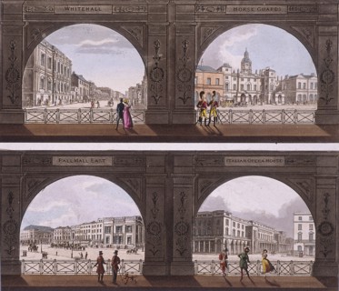 Four views of London sites seen through an arch, c1820. Artist: Anon