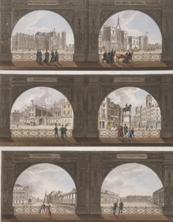 Six views of London sites seen through an arch, c1820. Artist: Anon