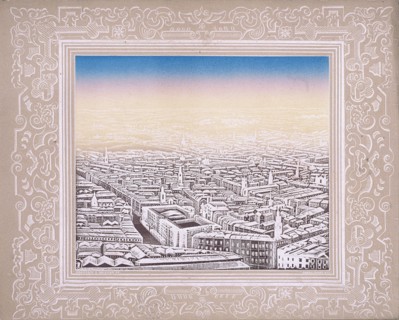 Aerial view of London with decorative border, c1845. Artist: Kronheim & Co