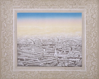 Aerial view of London with decorative border, c1845. Artist: Kronheim & Co