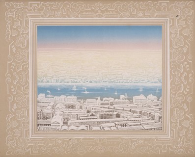 Aerial view of London with decorative border, c1845. Artist: Kronheim & Co