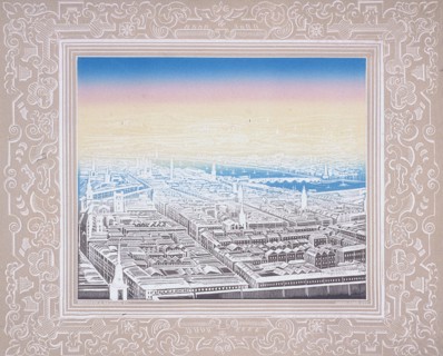 Aerial view of London framed in a decorative border, c1845. Artist: Kronheim & Co