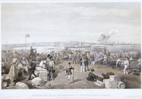 'Disembarkation of the Expedition to Kertch at Kamish Bournou', 1855. Artist: E Walker