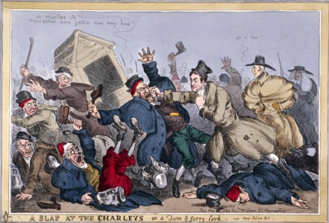 'A slap at the Charleys or a Tom & Jerry lark, vide New Poliece Bill', 1829 Creator: William Heath.