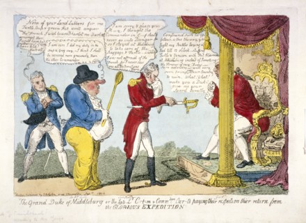 'The grand Duke of Middleburg or late Ld. C-t-m & Commdore Cur-t's paying their respects...', 1809. Artist: Anon