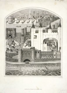 Charles duc d'Orleans imprisoned in the Tower of London with London Bridge in the background, 1803. Artist: James Basire II