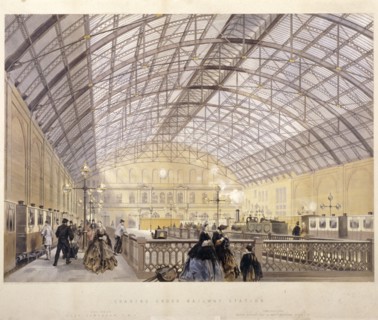 Interior of Charing Cross Station showing trains and the iron roof, London, c1890. Artist: Kell Brothers