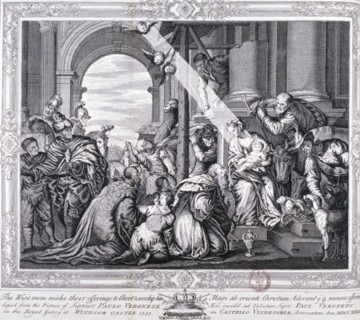 The Three Wise Men make their offerings to Christ and worship him, 1733. Artist: Anon