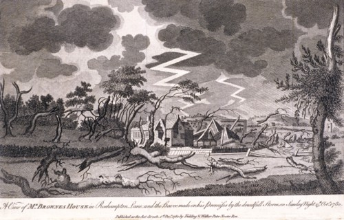 Lewis Brown's house during the storm on the night of 15th October, Roehampton, 1780. Artist: Anon