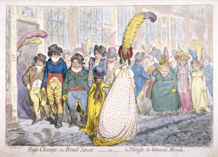 Five fashionably dressed men advance along Old Bond Street, Westminster, London, 1796. Artist: James Gillray