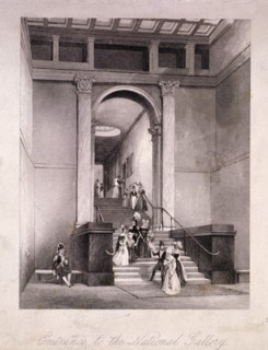 Entrance to the National Gallery in Trafalgar Square, Westminster, London, c1830. Artist: Anon