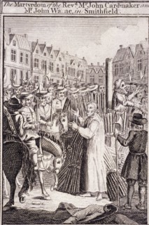 The execution of John Cardmaker and John Warne at Smithfield, 1555, (c1720). Artist: Anon