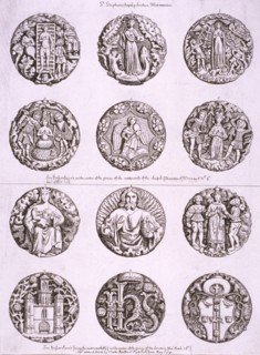 Six bosses on the vaulting of the undercroft and cloisters of St Stephen's Chapel, 1790. Artist: Anon