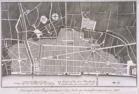 Proposed plan for the rebuilding of the City of London after the Great Fire in 1666. Artist: Anon