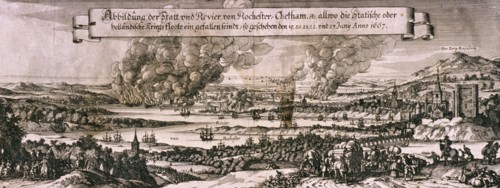 Dutch fleet sailing up the Medway River to bombard Chatham and Rochester in 1667, c1667. Artist: Anon
