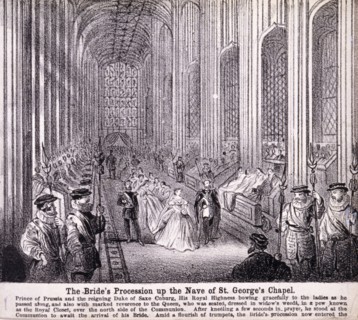 Princess Alexandra processing up the nave of St George's Chapel, Windsor Castle, 1863. Artist: Anon