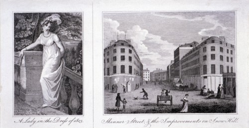 Woman in a dress and London street scene, 1803. Artist: Anon