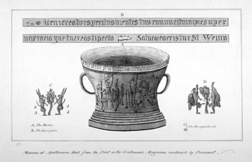 Depiction of a mortar from the Apothecaries' Hall, including inscription, 1789. Artist: Anon