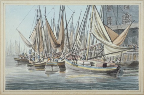 View of Billingsgate wharf with boats on the water, City of London, 1790. Artist: Robert Clevely