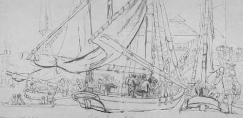 View of oyster boats at Billingsgate Wharf, City of London, 1810. Artist: George Cruikshank