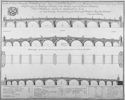 Three designs by Edward Oakley for Blackfriars Bridge, 1756. Artist: Benjamin Cole