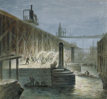 Demolition work being carried out on Blackfriars Bridge from the Surrey shore, London, 1865. Artist: George Maund