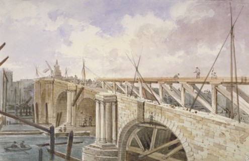 Demolition work being carried out on Blackfriars Bridge, 1864. Artist: George Maund
