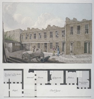 Ludgate Prison with a plan of the London Workhouse, Bishopsgate, beneath, City of London, 1818.