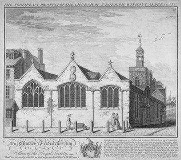 North-east view of the Church of St Botolph Aldersgate, City of London, 1740. Artist: William Henry Toms