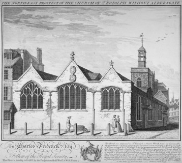 North-east view of the Church of St Botolph Aldersgate, City of London, 1739. Artist: William Henry Toms
