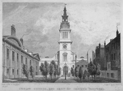 West view of Christ Church, Newgate Street, with part of Christ's Hospital, City of London, 1830. Artist: WS Wilkinson