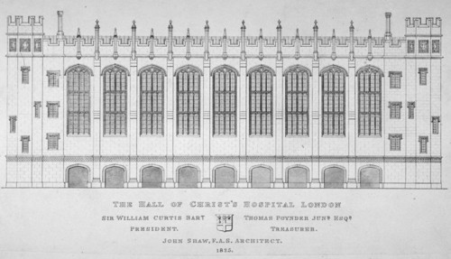 Elevation of the hall of Christ's Hospital, City of London, 1825. Artist: Anon
