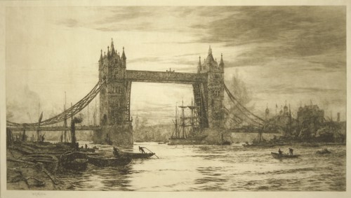 Tower Bridge viewed from the River Thames, London, c1894-1931. Artist: William Lionel Wyllie