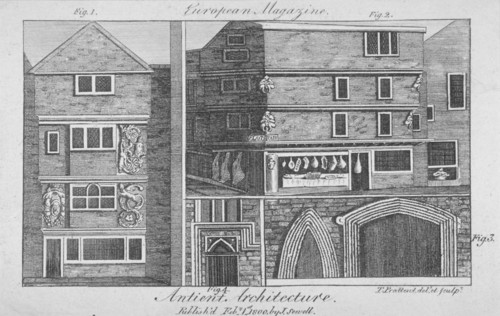 Four views of architectural features on buildings in Cloth Fair, Smithfield, City of London, 1800. Artist: Thomas Prattent