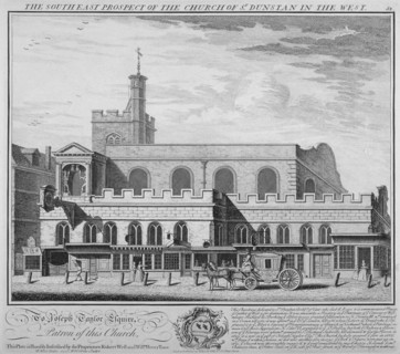 South-east view of the Church of St Dunstan in the West, Fleet Street, City of London, 1737. Artist: William Henry Toms