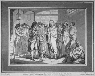 'Melopoyn haranguing the prisoners in the Fleet', 1800. Artist: Thomas Rowlandson