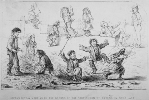 'Sunday morning on the ground of the Farringdon Street extension, Field Lane', City of London, 1865. Artist: Anon