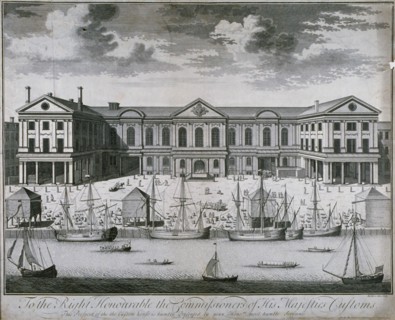 The Custom House from the River Thames, as it was in 1714, 1715. Artist: John Harris