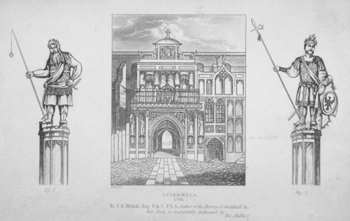 View of the Guildhall with the giants Gog and Magog on either side, City of London, 1788. Artist: Anon