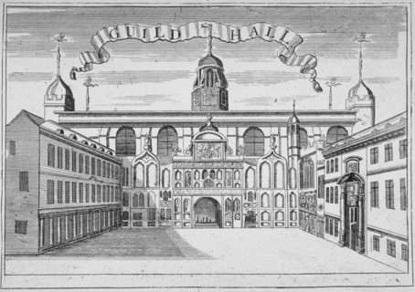 Front view of the Guildhall, looking north across Guildhall Yard, City of London, 1700. Artist: Anon