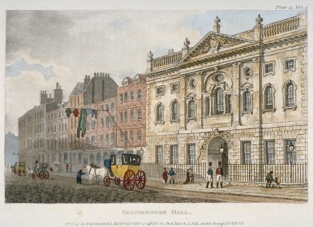 View of Ironmongers' Hall and people and a coach in Fenchurch Street, City of London, 1811. Artist: Anon