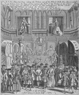 Drawing of the state lottery in the Guildhall, City of London, 1739. Artist: Anon